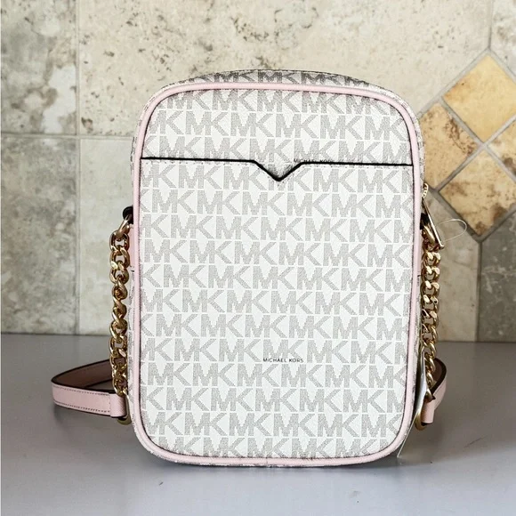 Michael Kors Jet Set Travel MD Flight Chain Crossbody Bag MK Vanilla/Pink - Picture 3 of 15